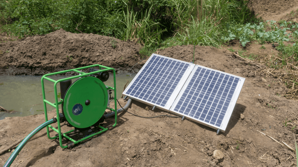 SF2 solar water pump next to gravity fed pond
