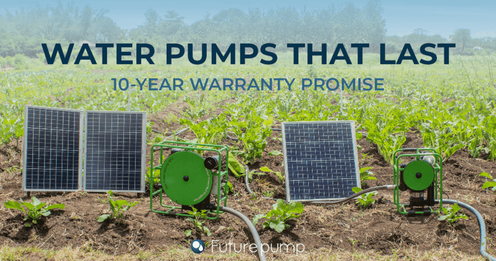 Two solar pumps and solar panels in a green field with the text - water pumps that last 10-year warranty promise