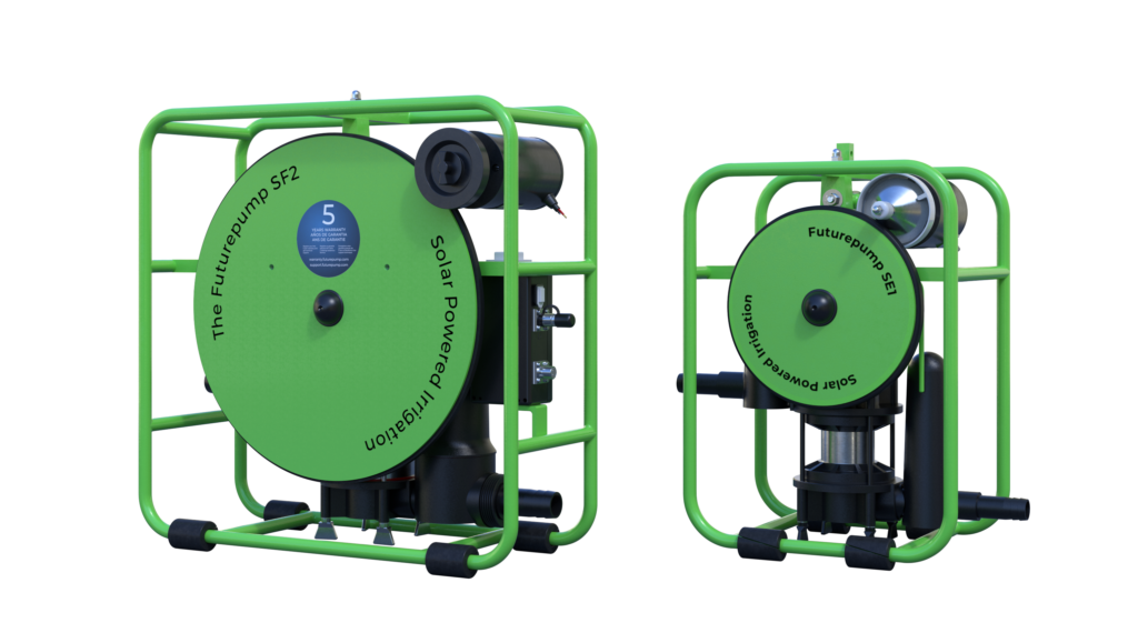 Two solar powered water pumps. On the left, the SF2 which is twice the size of the SE1, on the right. They are both a bright green with black internals. The flywheels both say Solar Powered Irrigation and the model type. These products are for Easy irrigation.