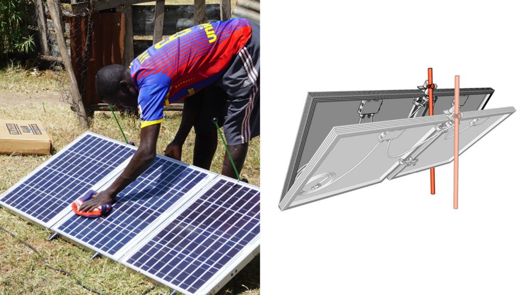 two images side by side. On the left, a farmer in a colourful shirt bends down to clean a wide solar panel. On the right, a render image showing how to angle the panel with the panel stand so that it can face the sunlight independently. 