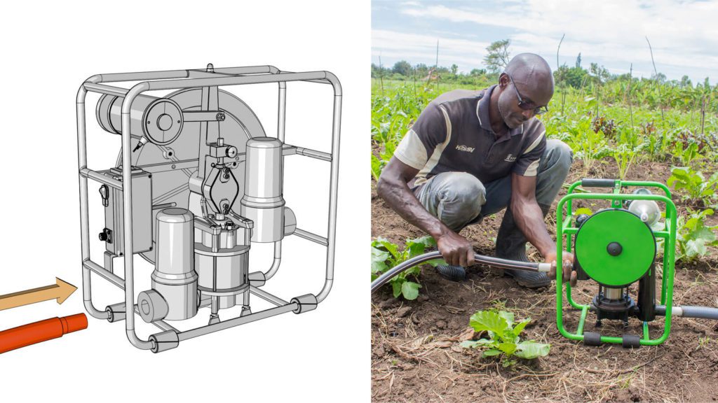 There are two images side by side. The image on the left is a grey render of an SF2 solar water pump, which contains three large cylinders and a metal cage. On the right, the image is of a black man crouching to attach a hose to his small SE1 solar water pump. The SE1 is a bright green, similar in shade to the green leaves in the foreground and background of the farm. 