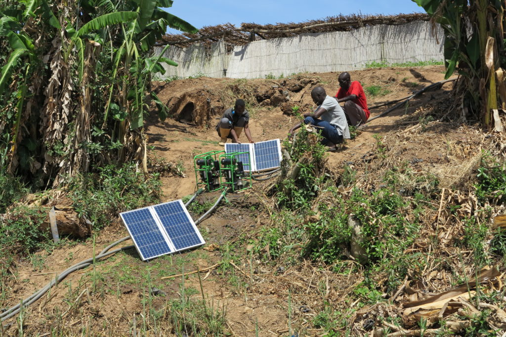 Two SF2 solar water pumps on a field, three men squat near the water source and ensure that the hosepipes are lying where they are needed.